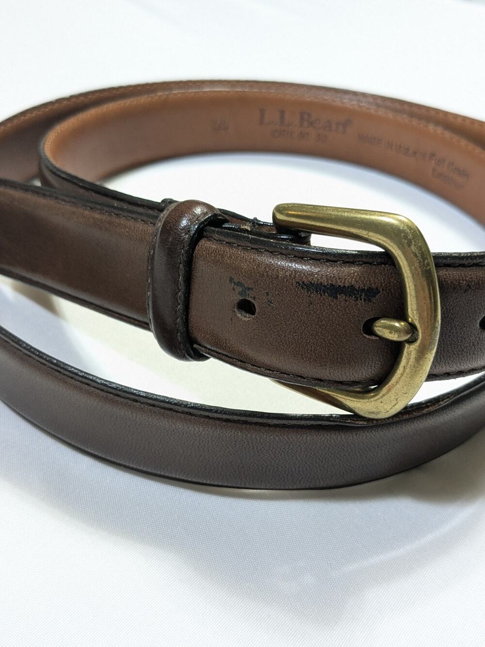 Ll Bean Sz 44 Belt Ork 9032 Brown Leather Solid Brass Buckle Made In Usa